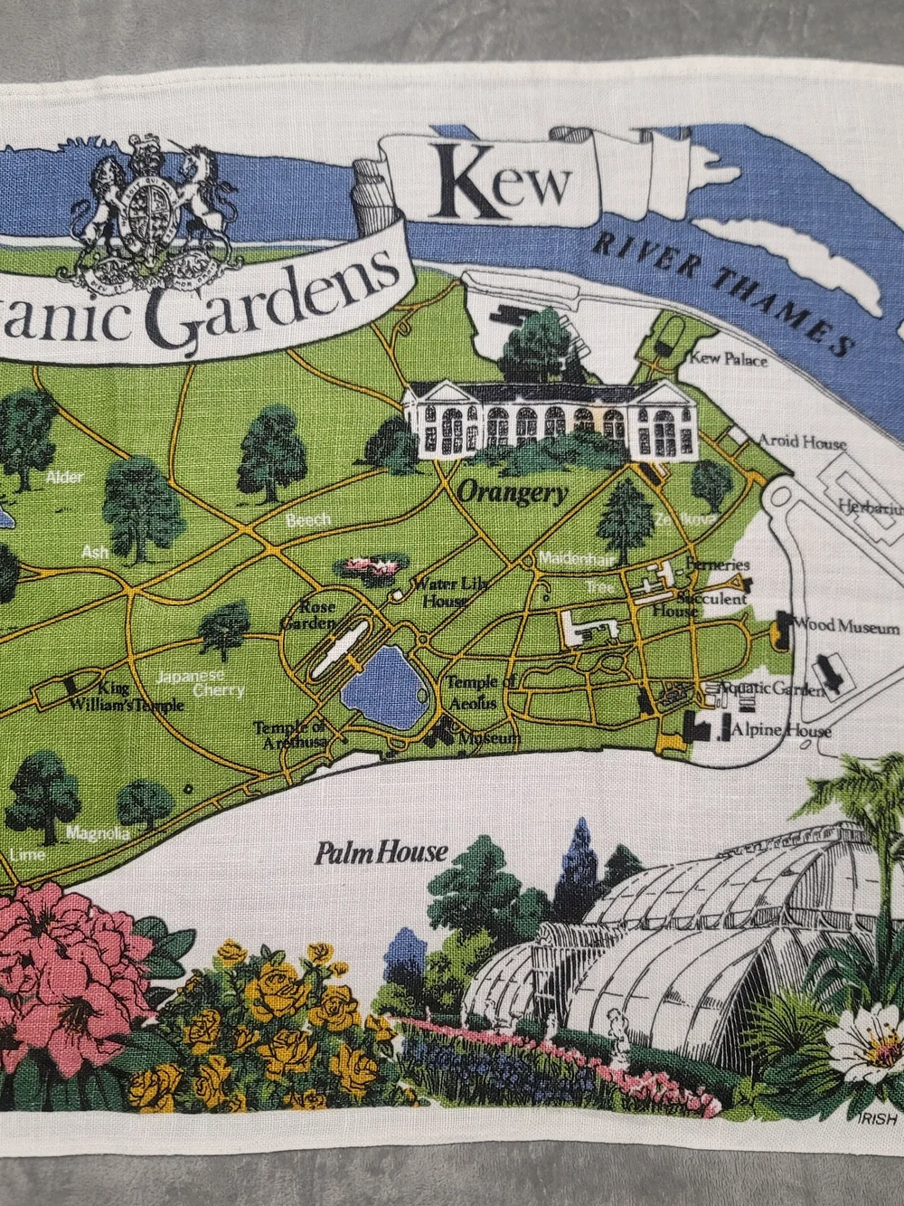 Vintage Royal Botanic Gardens Kew Map Tea Towel Irish Linen Pictorial Souvenir